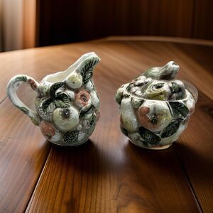 Rare Lefton "Fruits of Italy" Majolica Style Cream and Sugar 1950s Japan